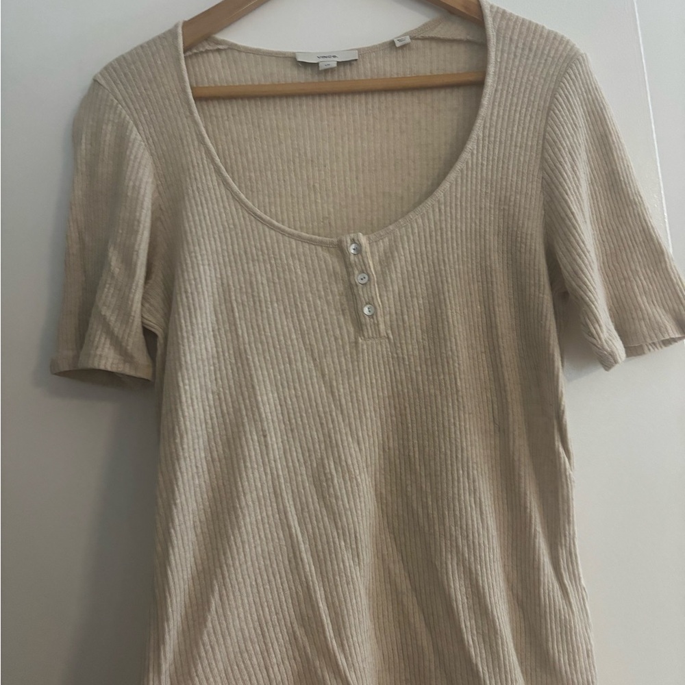Vince Ribbed Scooped Neck Shirt (Linen Blend)